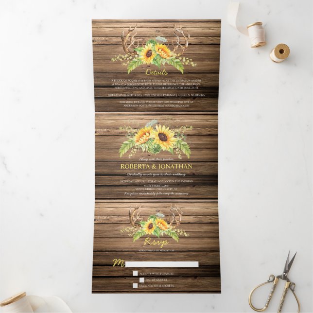 Convite Com Dobra Tripla Rustic Barn Wood Sunflower Casamento (Dentro)