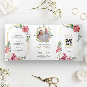 Convite Com Dobra Tripla Rustic Boho Pink Roses Floral Código QR Casamento