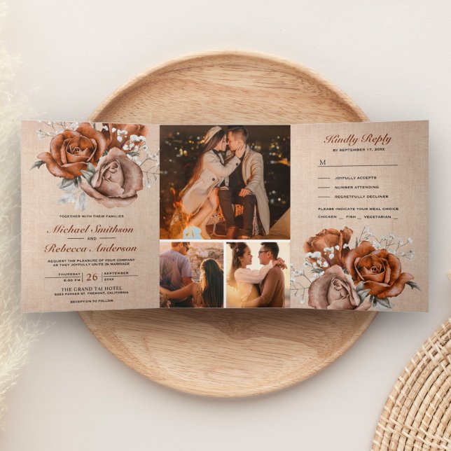 Convite Com Dobra Tripla Rustic Burlap Burnt Orange Rosa em Um Casamento (Criador carregado)