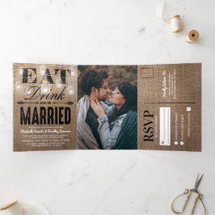 Convite Com Dobra Tripla Rustic Burlap Mason Jar All in One Wedding