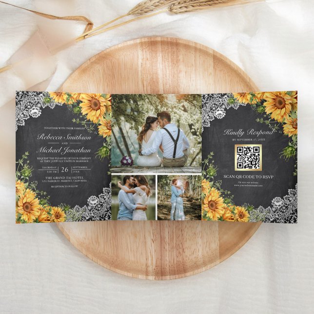 Convite Com Dobra Tripla Rustic Chalkboard Lace Girassóis Código QR Casamen (Criador carregado)