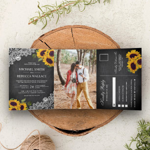 Convite Com Dobra Tripla Rustic Chalkboard Lace Sunflower Photo