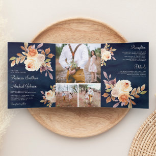 Convite Com Dobra Tripla Rustic Earthy Peach Floral Marinho Blue Casamento