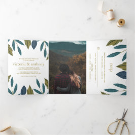 Convite Com Dobra Tripla Rustic Leaf Floral Wedding Suite