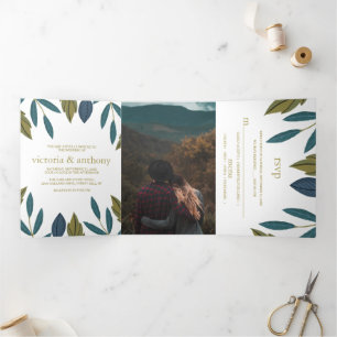 Convite Com Dobra Tripla Rustic Leaf Floral Wedding Suite