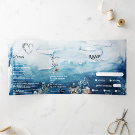Convite Com Dobra Tripla Rustic Ocean Menu-Choice RSVP Wedding