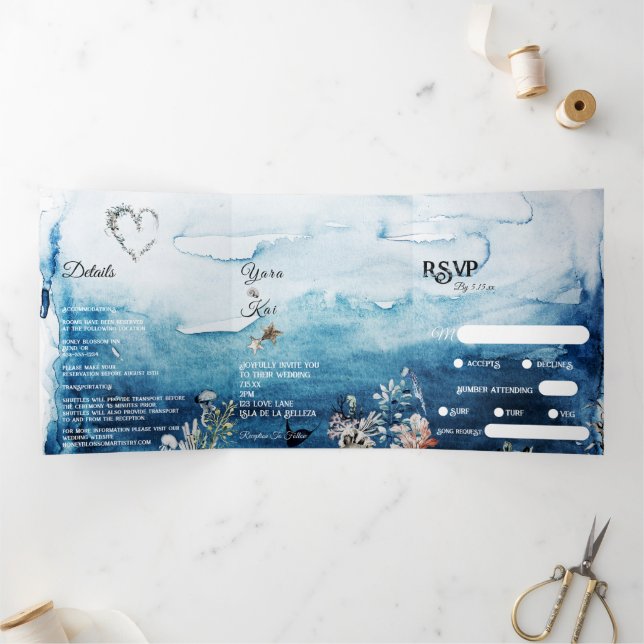 Convite Com Dobra Tripla Rustic Ocean Song Request RSVP Wedding (Dentro)