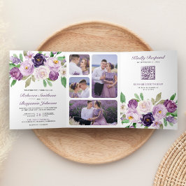 Convite Com Dobra Tripla Rustic Purple Floral All in One QR Code Casamento