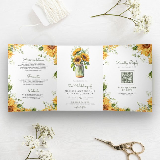 Convite Com Dobra Tripla Rustic Sunflower Mason Jar Código QR Casamento (Criador carregado)