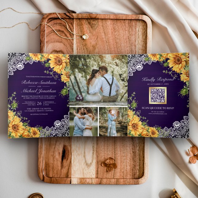 Convite Com Dobra Tripla Rustic Sunflower Royal Purple Wood Code Casamento (Criador carregado)