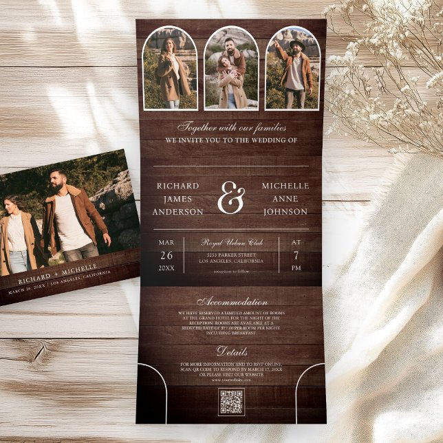 Convite Com Dobra Tripla Rustic Wood Minimal Arch Photo QR code Wedding (Criador carregado)