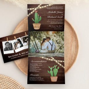 Convite Com Dobra Tripla Rustic Wood String Lights Desert Cactus Wedding