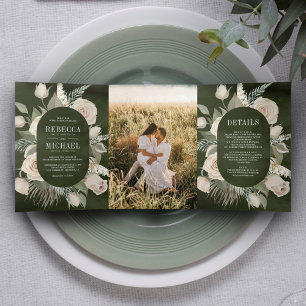Convite Com Dobra Tripla Rústico Boho Rosas de Marfim Verde Salvia Escuro C