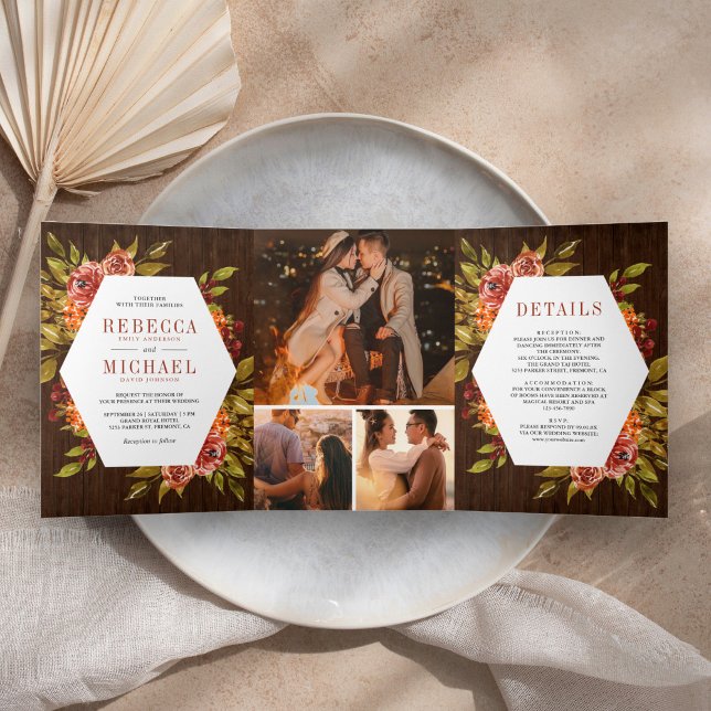 Convite Com Dobra Tripla Rústico Laranja Queimado Floral Foto Casamento (Criador carregado)