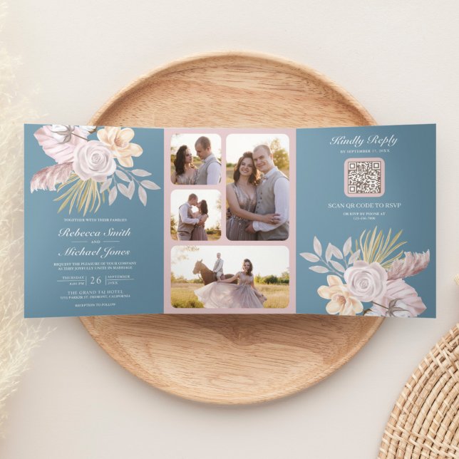Convite Com Dobra Tripla Rústico Pó Azul Rosa Floral Código QR Casamento (Criador carregado)