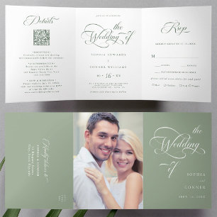 Convite Com Dobra Tripla Sage Green Elegant Charm Script Wedding