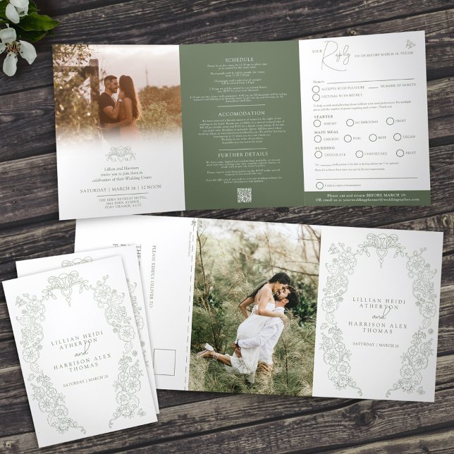 Convite Com Dobra Tripla Sage green fleur de lis casamento opção RSVP (Criador carregado)