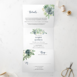 Convite Com Dobra Tripla Sage Green Indigo Blue Succulents Casamento