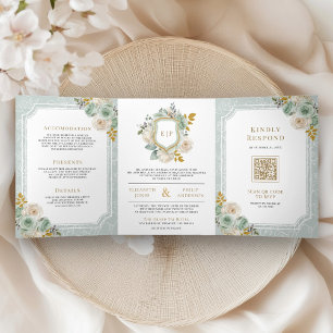 Convite Com Dobra Tripla Sage Green Ivory Floral Tudo em um Casamento de Cr
