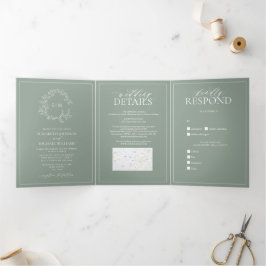 Convite Com Dobra Tripla Sage Green Leafy Crest Monograma Casado Três Dobra