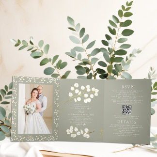 Convite Com Dobra Tripla Sage Green - Letra Dourada Triplicada Forte Convit