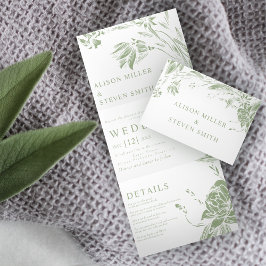 Convite Com Dobra Tripla Sage green line art, flores foto do casamento