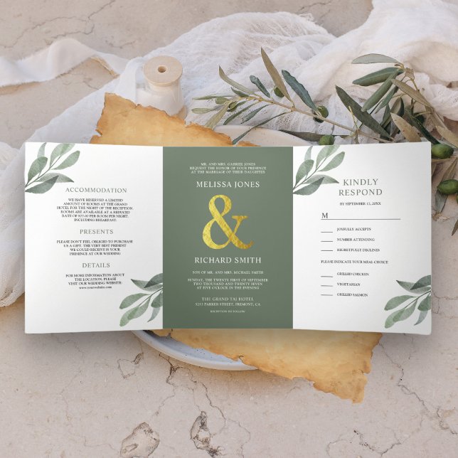 Convite Com Dobra Tripla Sage Green Olive Branch Tudo em Um Casamento (Criador carregado)