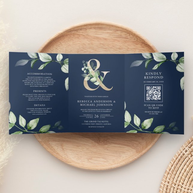 Convite Com Dobra Tripla Sage Greenery Dourado Ampersand Código QR Casament (Criador carregado)
