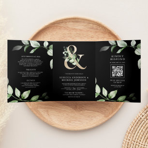 Convite Com Dobra Tripla Sage Greenery Dourado E comercial Código QR Casame