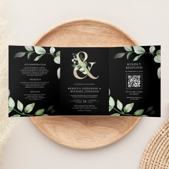 Convite Com Dobra Tripla Sage Greenery Dourado E comercial Código QR Casame (Criador carregado)
