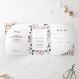 Convite Com Dobra Tripla Sage Greenery Foto Rosa Dusty Rosa Casamento Flora