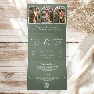 Convite Com Dobra Tripla Sage Verde Arco Mínimo Foto Código QR Casamento