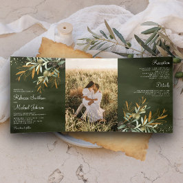 Convite Com Dobra Tripla Sage Verde Folhas de Oliveira Ramo Foto Casamento