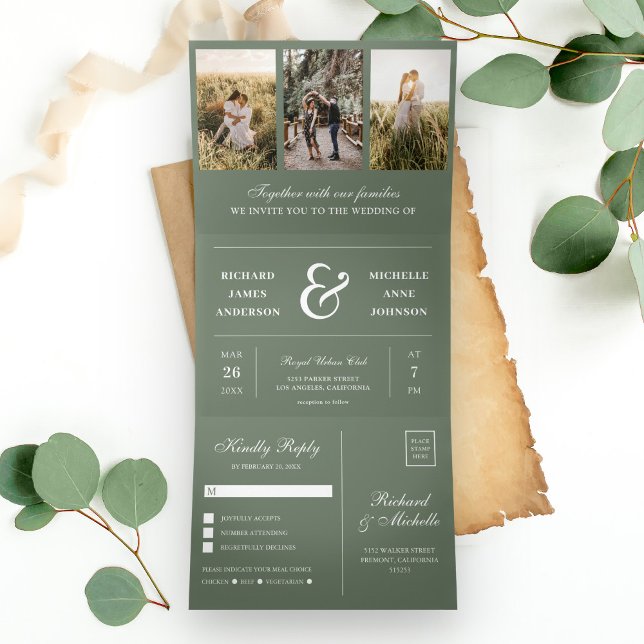 Convite Com Dobra Tripla Sage Verde Minimalista Colagem de Fotos Casamento  (Criador carregado)