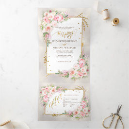 Convite Com Dobra Tripla Script e quadro Dourado Floral Rosa Peony