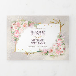 Convite Com Dobra Tripla Script e quadro Dourado Floral Rosa Peony
