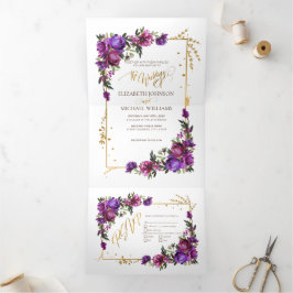 Convite Com Dobra Tripla Script Floral Dourado, Rosa-Quente Roxo, De Aquare