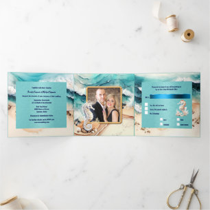 Convite Com Dobra Tripla Seacavalo arenoso praia oceano ondas aquarela