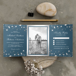 Convite Com Dobra Tripla Silver Foil Stars Confetti Dusty Casamento Azul