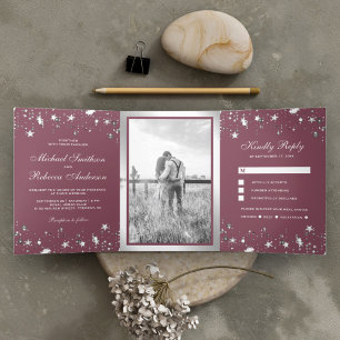 Convite Com Dobra Tripla Silver Foil Stars Confetti Dusty Casamento Rosa