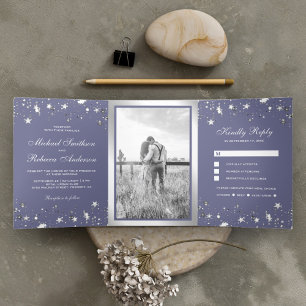 Convite Com Dobra Tripla Silver Foil Stars Confetti Dusty Púrpura Casamento