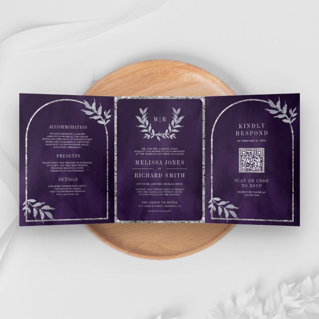 Convite Com Dobra Tripla Silver Laurel Wreath Deixa Casamento Roxo Real (Criador carregado)