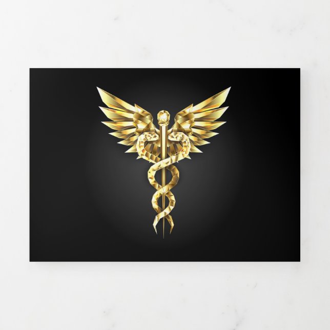 Convite Com Dobra Tripla Símbolo Poligonal Dourado Caduceu (Cobrir)