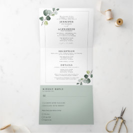 Convite Com Dobra Tripla Simples Eucalyptus Greenery Tudo em um Casamento