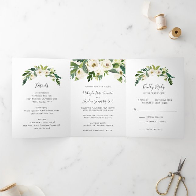 Convite Com Dobra Tripla Simples Floral Branco Elegante Casamento (Dentro)