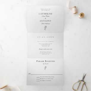 Convite Com Dobra Tripla Simples Folha Botânica Mínima Elegante Clássica