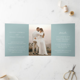 Convite Com Dobra Tripla Simples Fotos Azuis Silenciadas Casamento Elegante