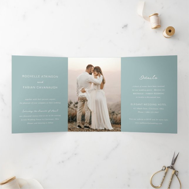 Convite Com Dobra Tripla Simples Fotos Azuis Silenciadas Casamento Elegante (Dentro)