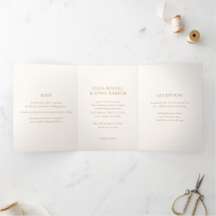 Convite Com Dobra Tripla Simples Ivory e Dourado Casamento Moderno