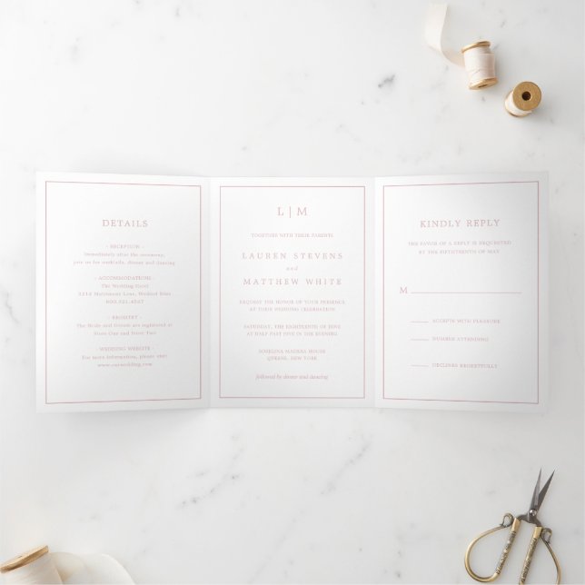 Convite Com Dobra Tripla Simples Monograma Rosa Claro Casamento Elegante (Dentro)